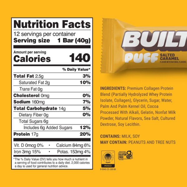 salted caramel puff Nutrition facts label and Built Puff Salted Caramel bar on a yellow background