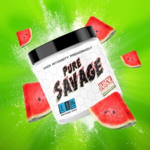 pure savage // high stim preworkout Tube that states Pure Savage with green background and floating watermelons